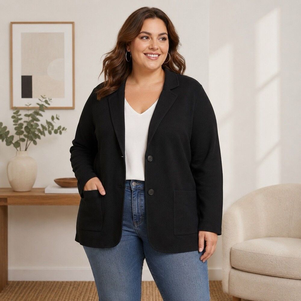 J.CREW Two ButtonSweater Blazer Women 2X Black Patch Pockets Cotton Knit #BS881